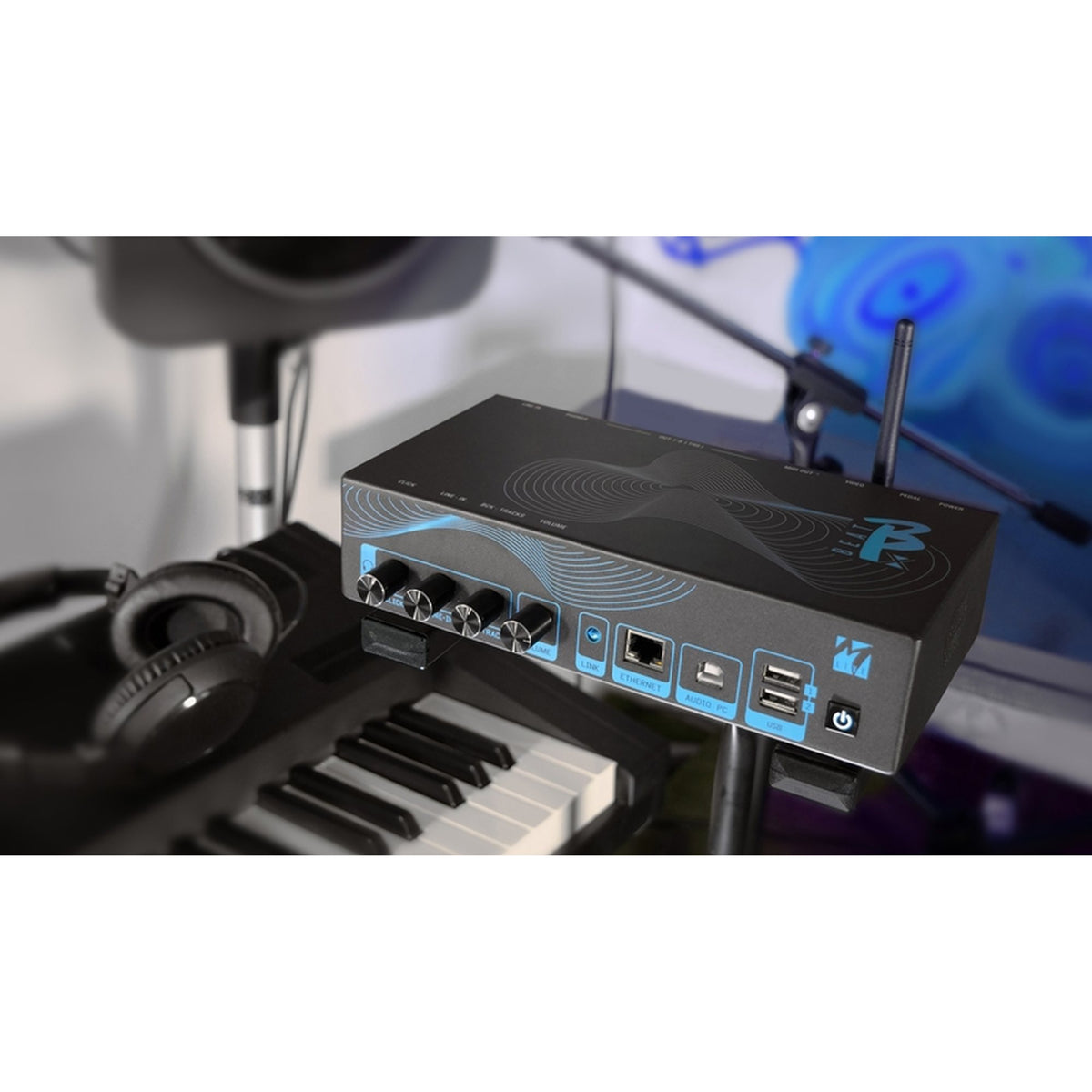 M-Live B.Beat X 128 GB Wi-Fi Audio and Video Player, player with headphones and keyboard
