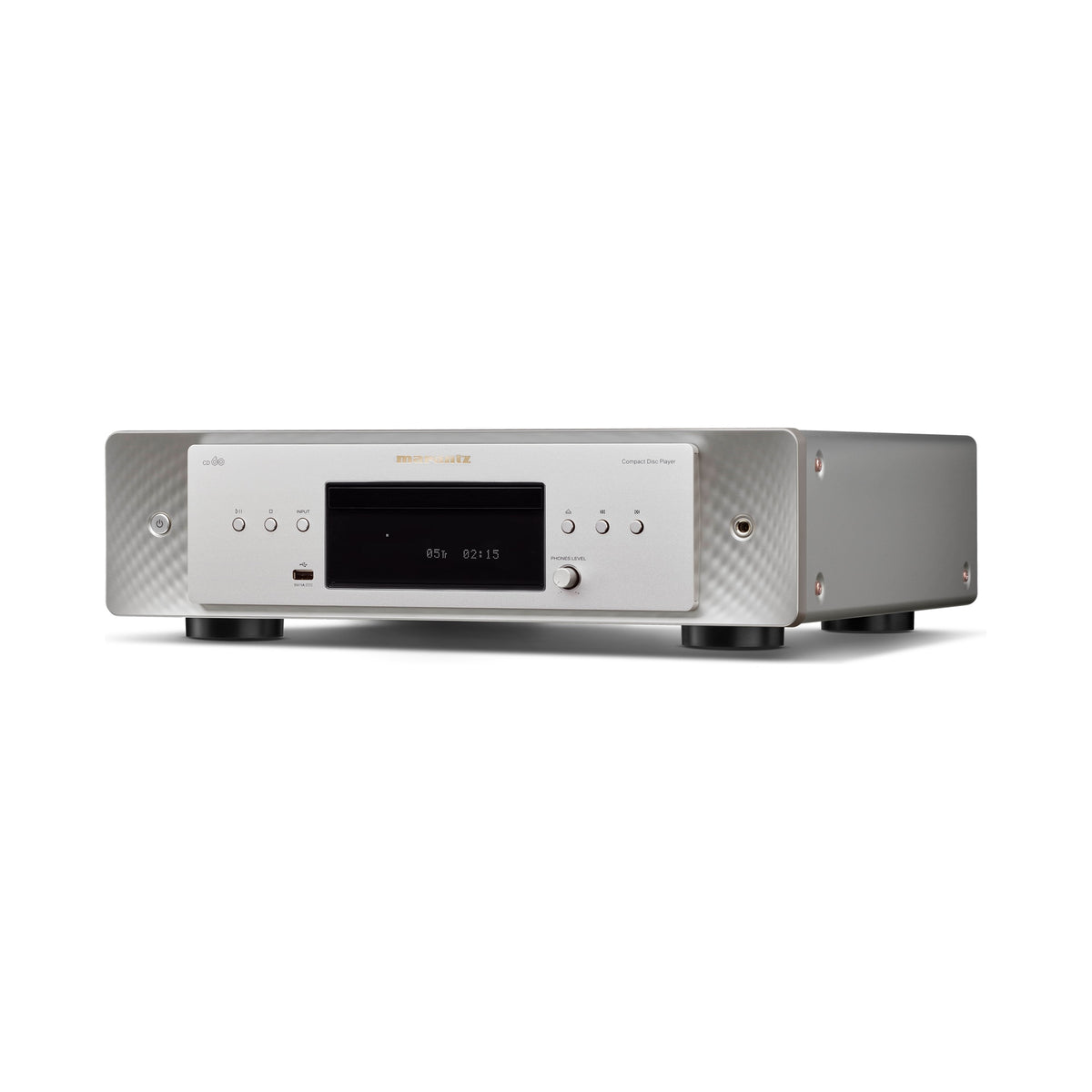 Marantz CD 60 sidabrinės ir auksinės spalvos CD grotuvas iš priekio ir dešiniojo šono