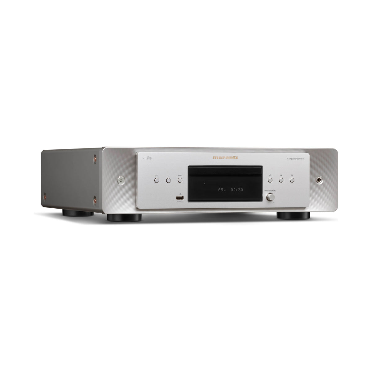Marantz CD 60 sidabrinės ir auksinės spalvos CD grotuvas iš priekio ir kairiojo šono