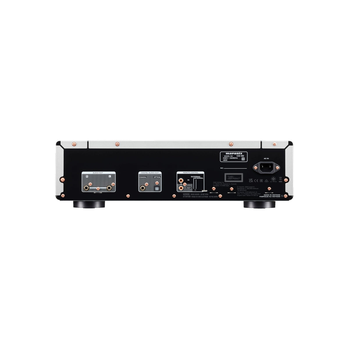Marantz CD 60 sidabrinės ir auksinės spalvos CD grotuvas su matomomis galinėmis garso jungtimis