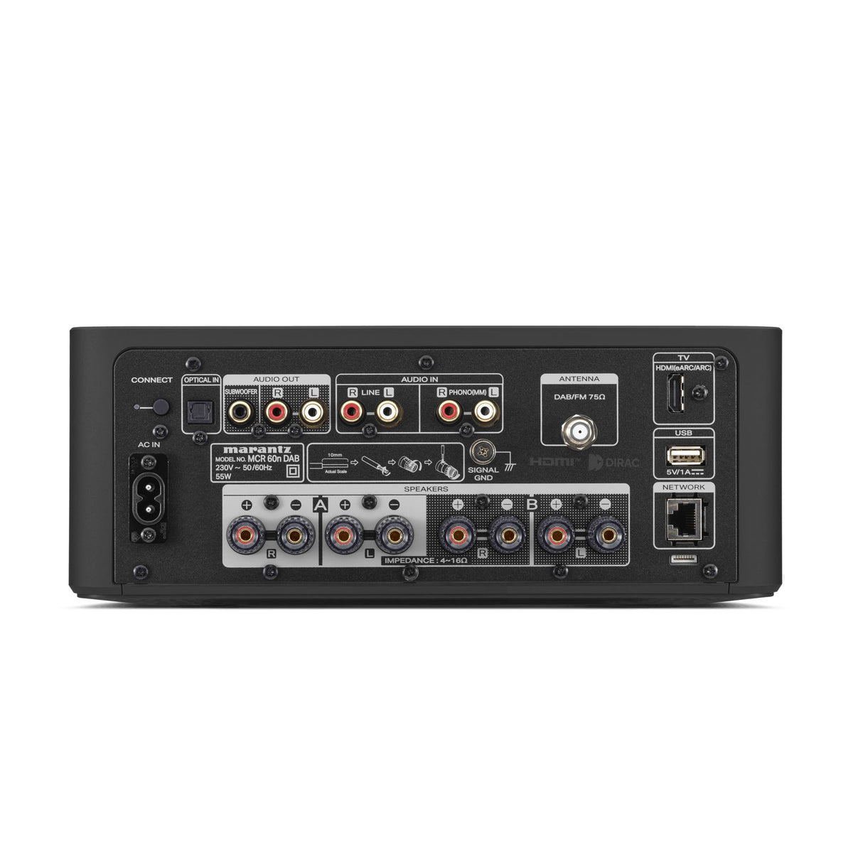 Marantz MCR 60n DAB juodos spalvos Hi-Fi sistema, galinė dalis ir jungtys