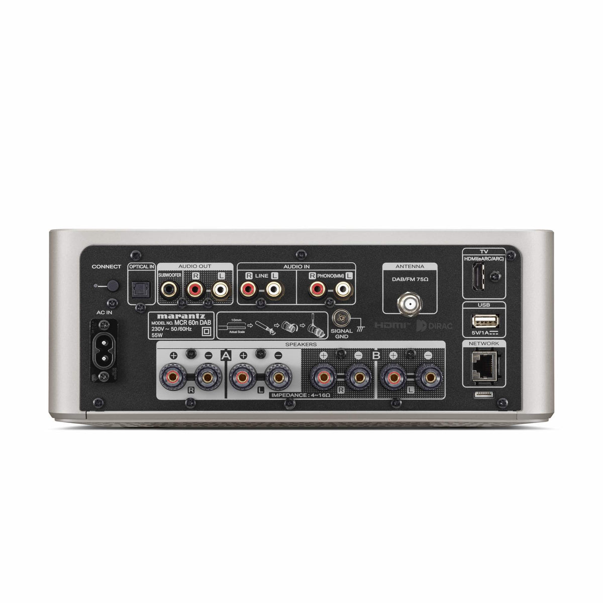 Marantz MCR 60n DAB Champagne Gold spalvos Hi-Fi sistema, galinė dalis ir jungtys