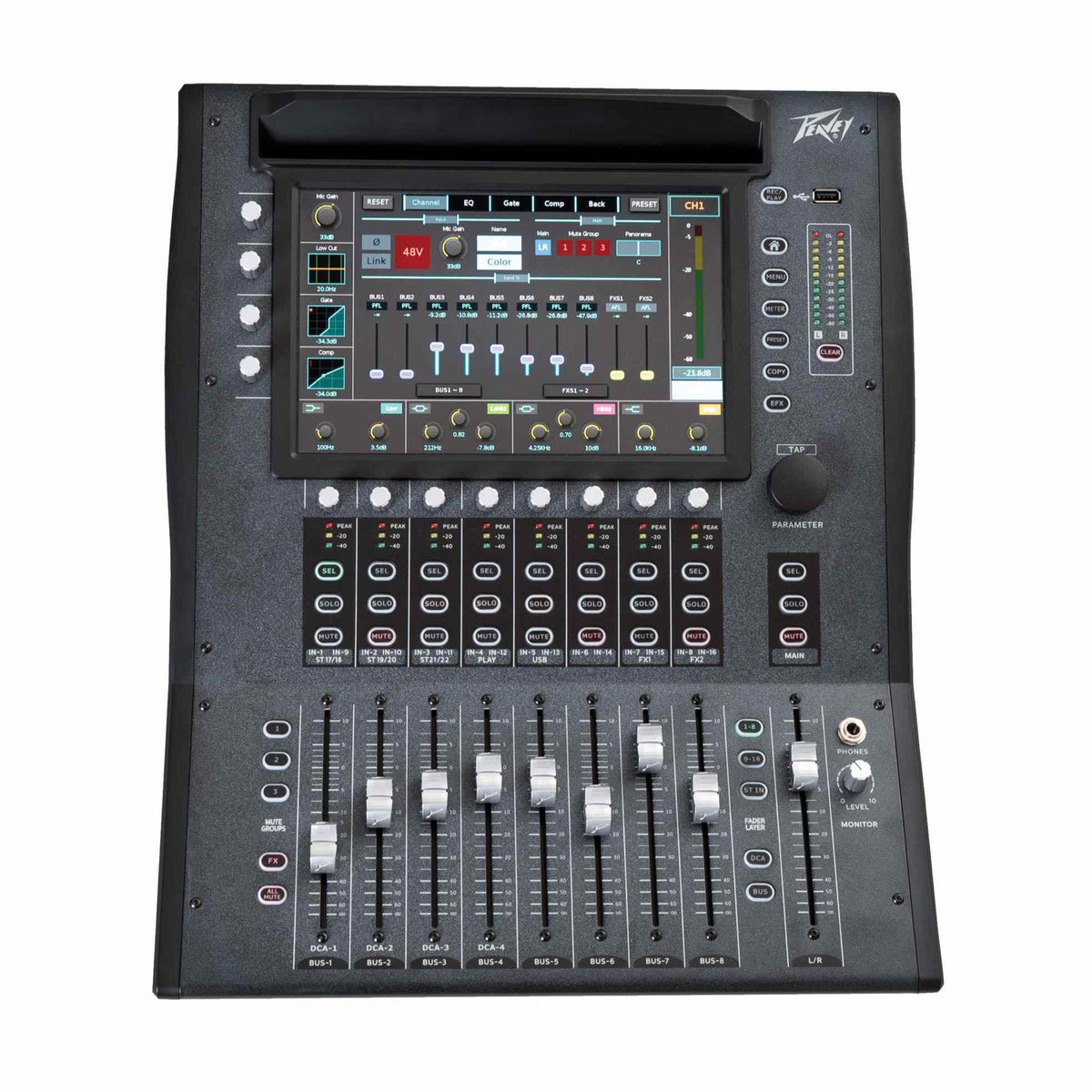 Peavey Aureus 28 skaitmeninis mikšerinis pultas, ekranas, reguliatoriai ir feideriai