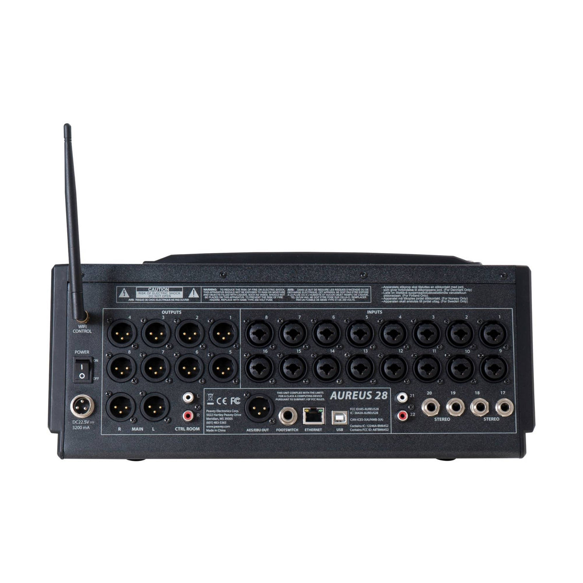 Peavey Aureus 28 skaitmeninis mikšerinis pultas, galinės įėjimų ir išėjimų jungtys