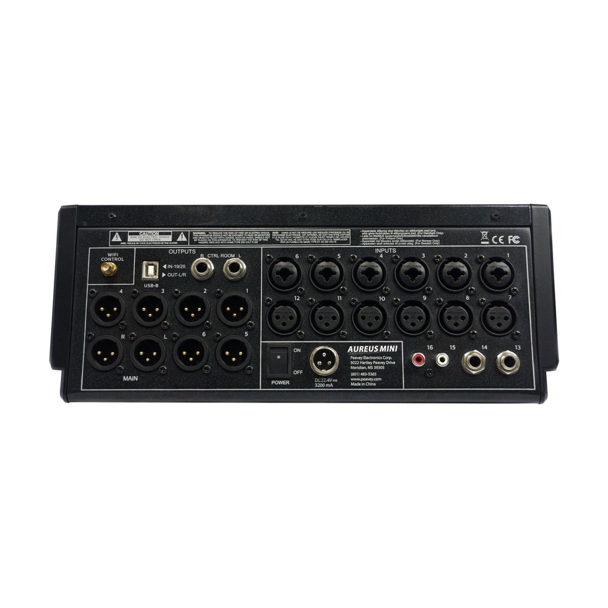 Peavey Aureus Mini skaitmeninis mikšerinis pultas, galinės dalies jungtys