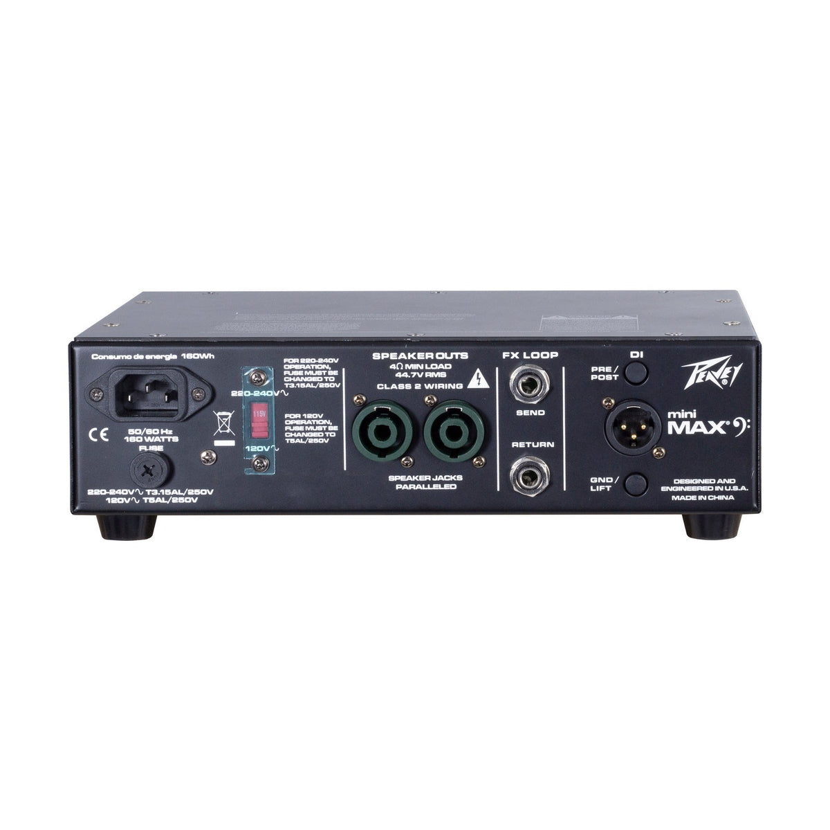Peavey MiniMAX 600 bosinės gitaros stiprintuvas, galinė dalis ir jungtys