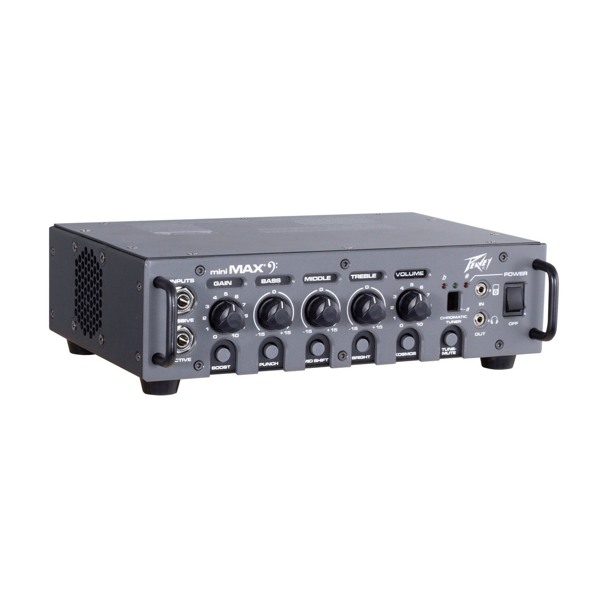 Peavey MiniMAX 600 bosinės gitaros stiprintuvas, korpuso vaizdas iš vienos pusės