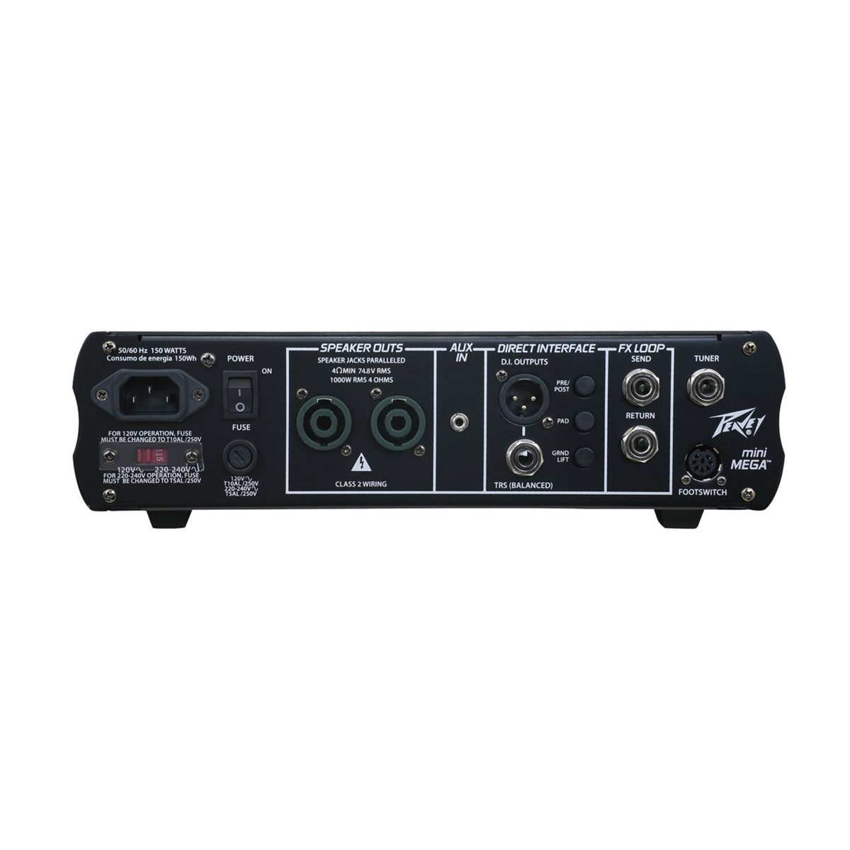 Peavey MiniMEGA bosinės gitaros stiprintuvas, galinė dalis ir jungtys