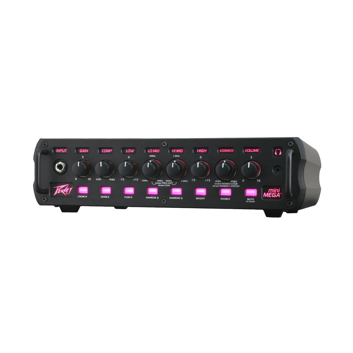 Peavey MiniMEGA bosinės gitaros stiprintuvas, priekinis skydelis su kitokia LED apšvietimo spalva