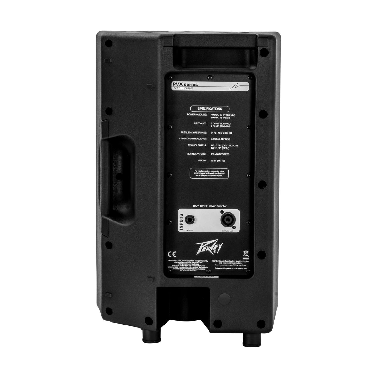 Peavey PVX 10 pasyvi garso kolonėlė, galinė dalis ir jungtys
