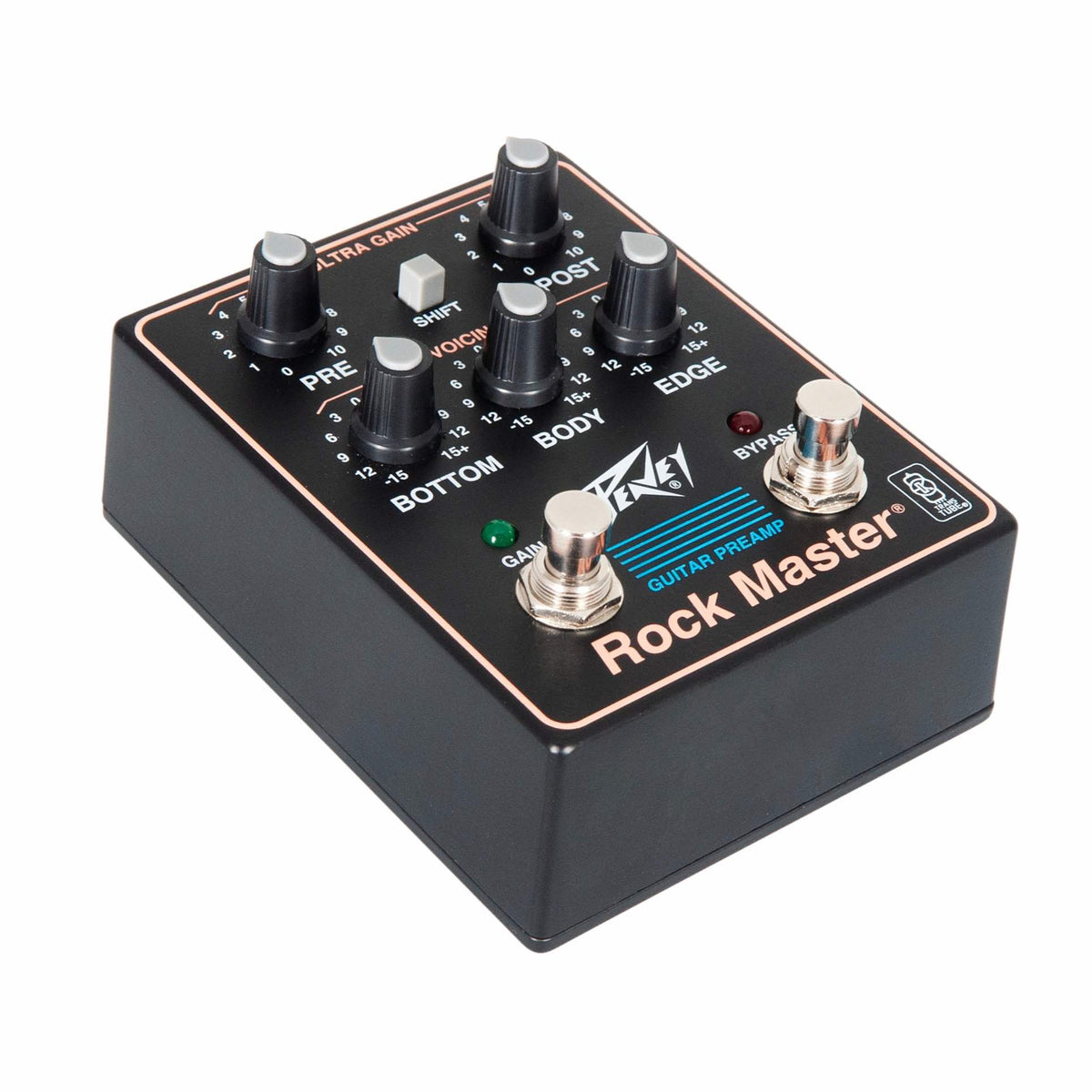 Peavey Rock Master gitaros efektų pedalas, valdikliai ir korpusas iš vieno kampo