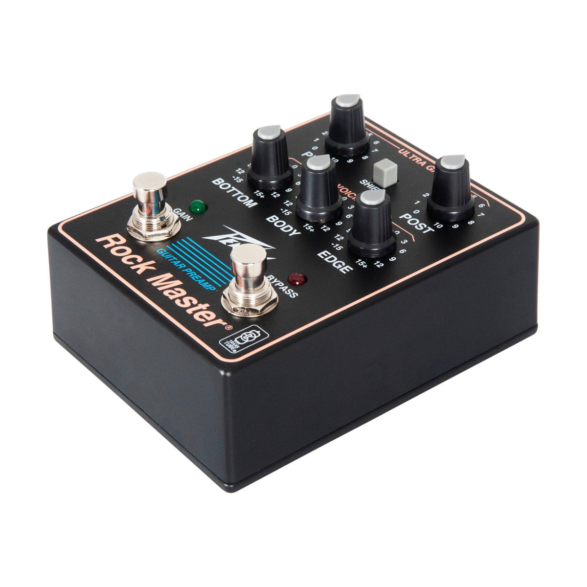 Peavey Rock Master gitaros efektų pedalas, valdikliai ir korpusas iš kito kampo