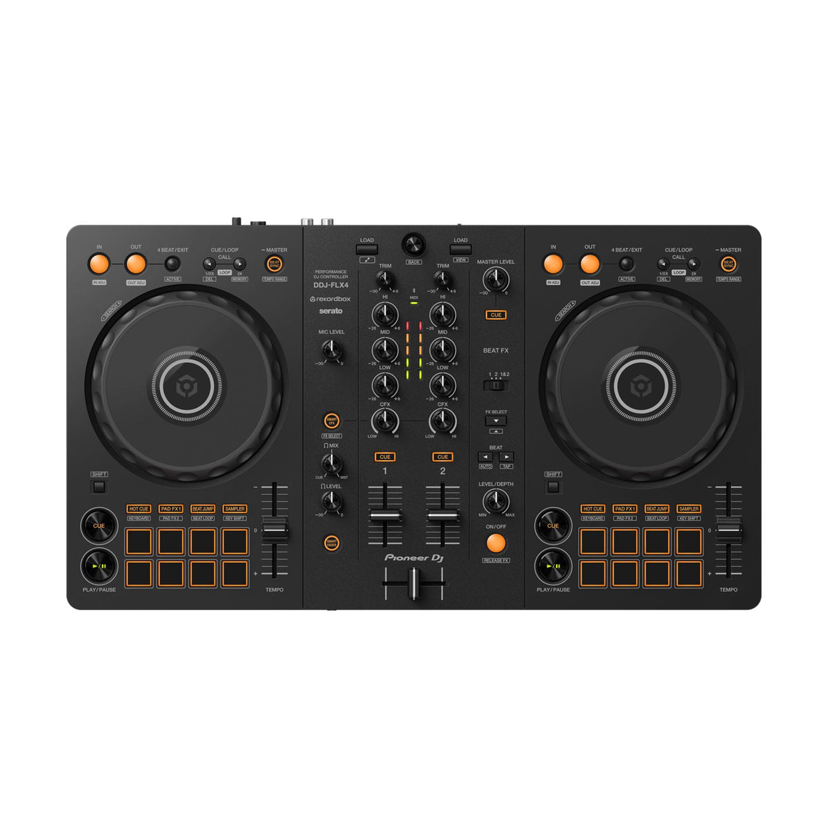 Pioneer DJ DDJ-FLX4 DJ kontroleris, valdymo skydelis iš viršaus
