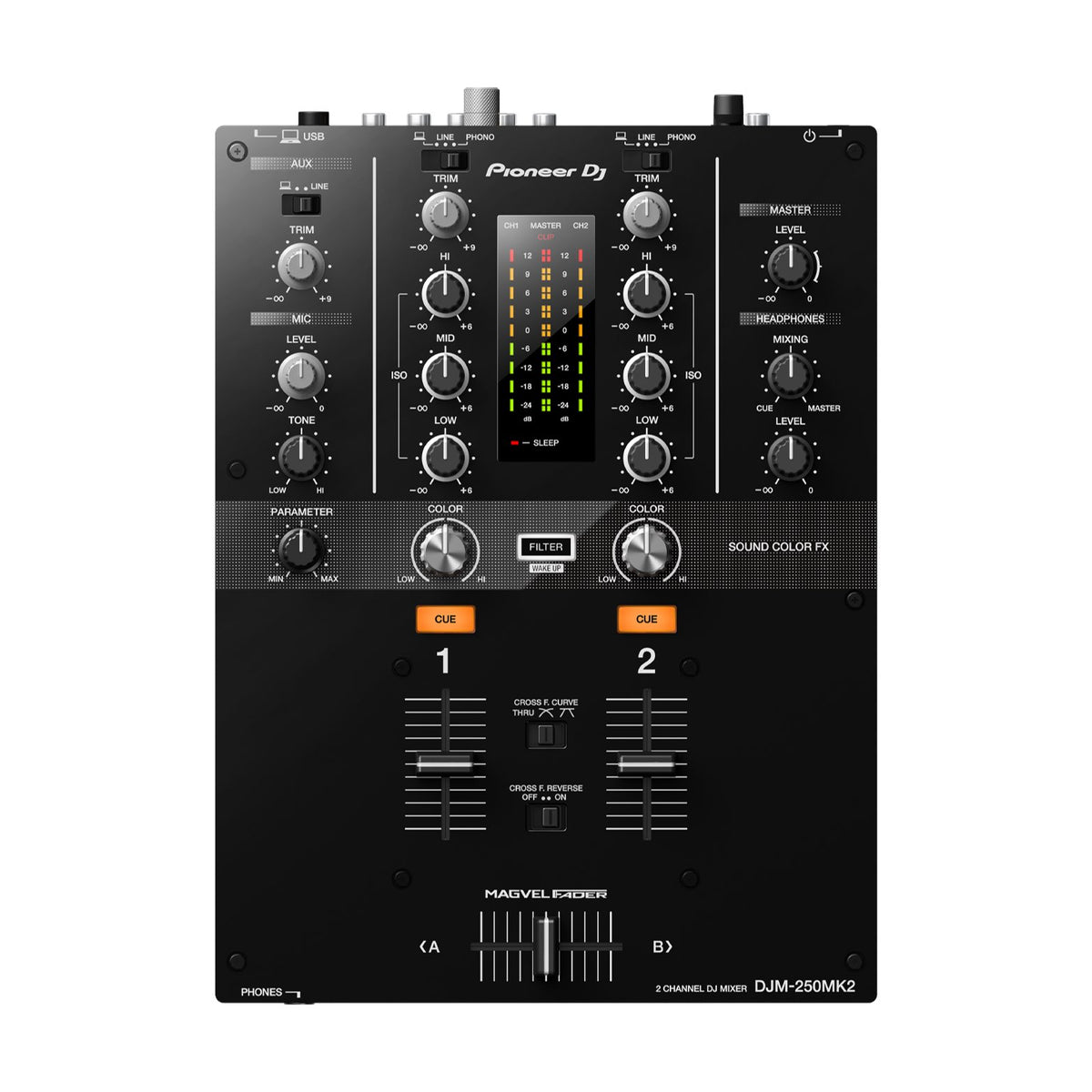 Pioneer DJ DJM-250MK2 DJ pultas, valdymo skydelis iš viršaus