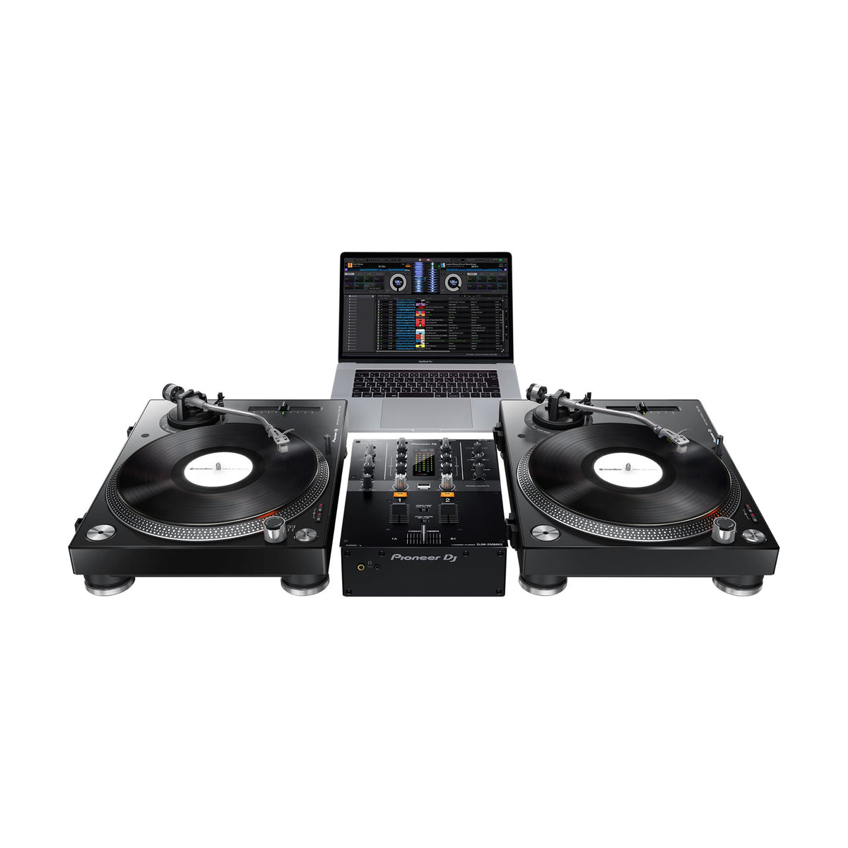 Pioneer DJ DJM-250MK2 DJ mixer, turntable and computer setup example; additional equipment not included