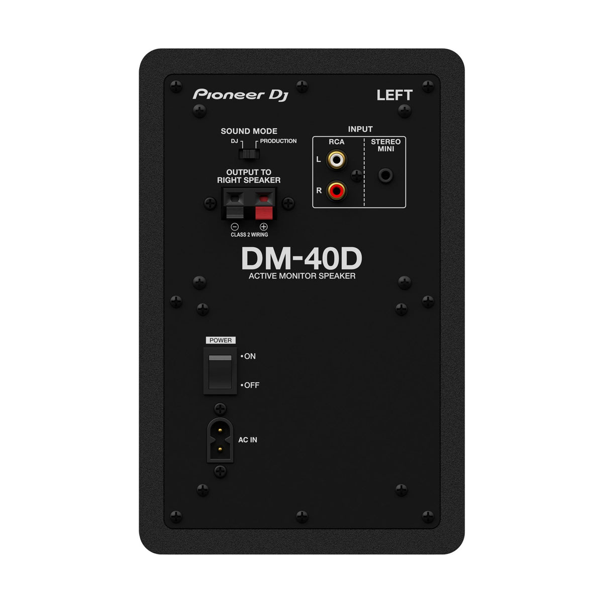 Pioneer DJ DM-40D active speakers, close-up of the left speaker rear connection panel