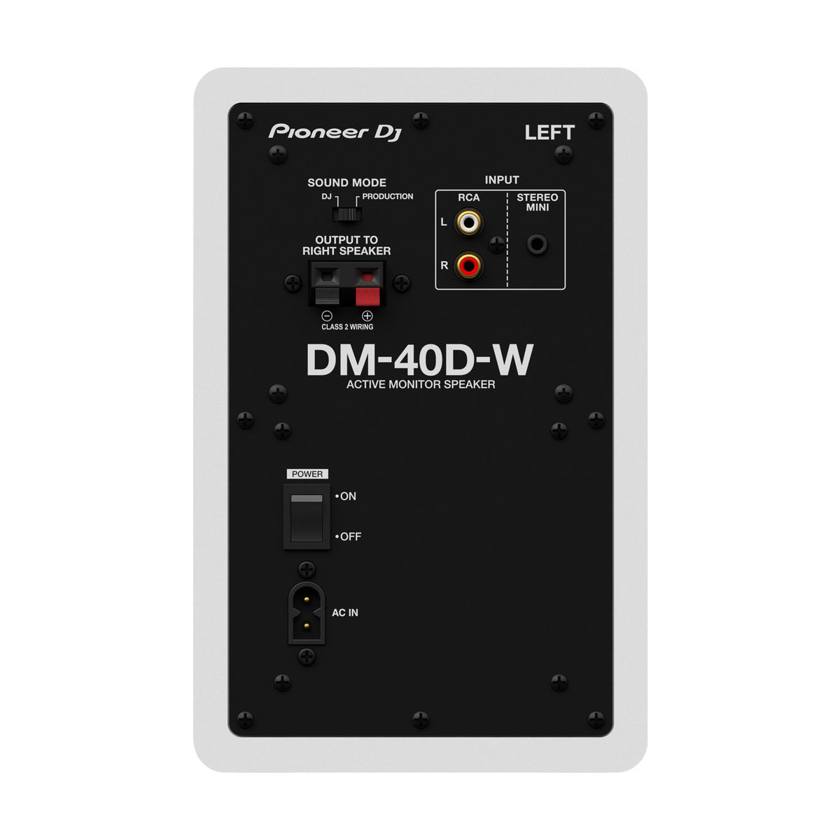 Pioneer DJ DM-40D-W active speakers, close-up of the left speaker rear connection panel