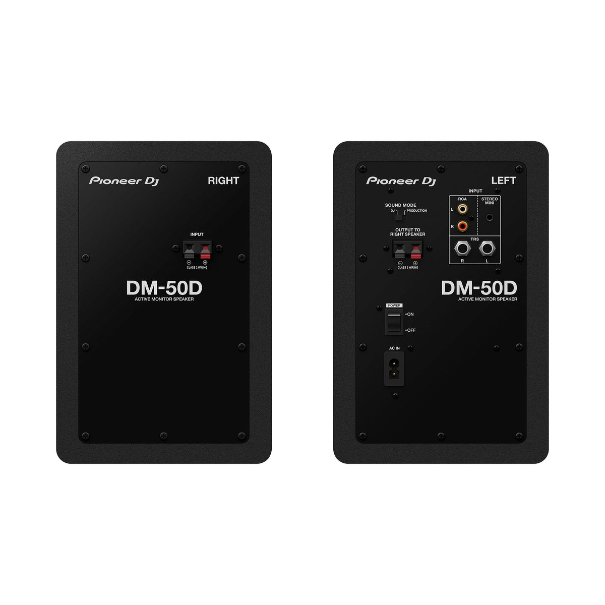 Pioneer DJ DM-50D aktyvios garso kolonėlės, juoda spalva, galinis skydelis ir jungtys