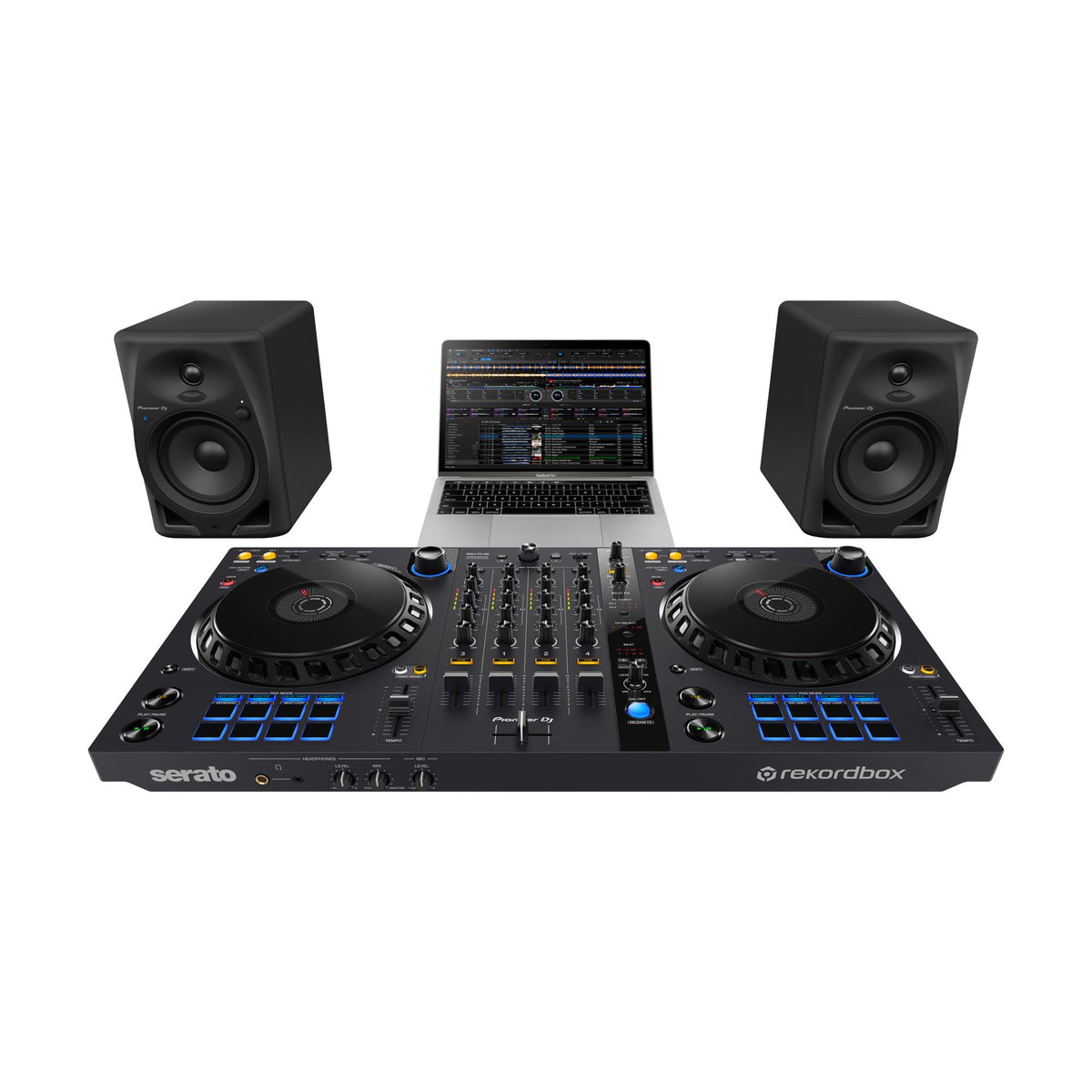 Pioneer DJ DM-50D-BT active speakers, example setup with a DJ controller and laptop