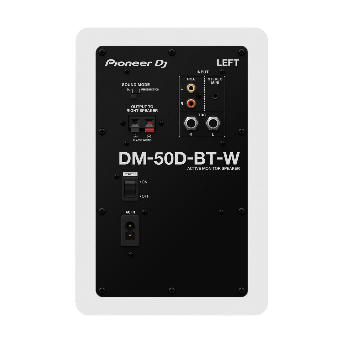 Pioneer DJ DM-50D-BT-W active speakers, close-up of the left speaker rear connection panel