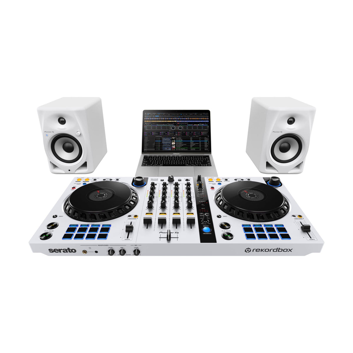 Pioneer DJ DM-50D-BT-W active speakers, example setup with a DJ controller and laptop