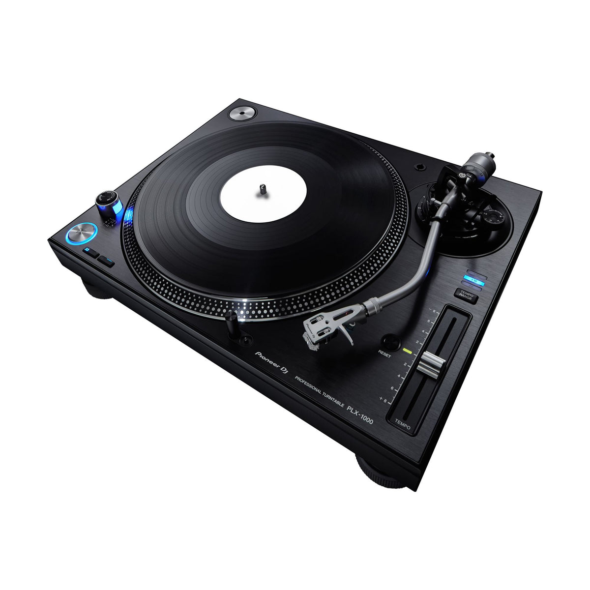 Pioneer DJ PLX-1000 turntable, view with record and cartridge; record and cartridge not included