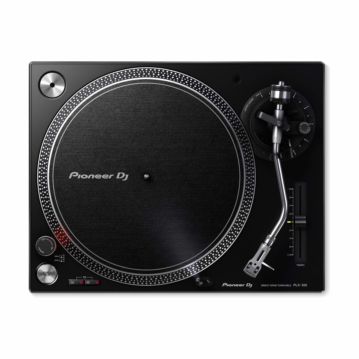 Pioneer DJ PLX-500-K patefonas, juodas variantas, valdymas ir tonarmas iš viršaus