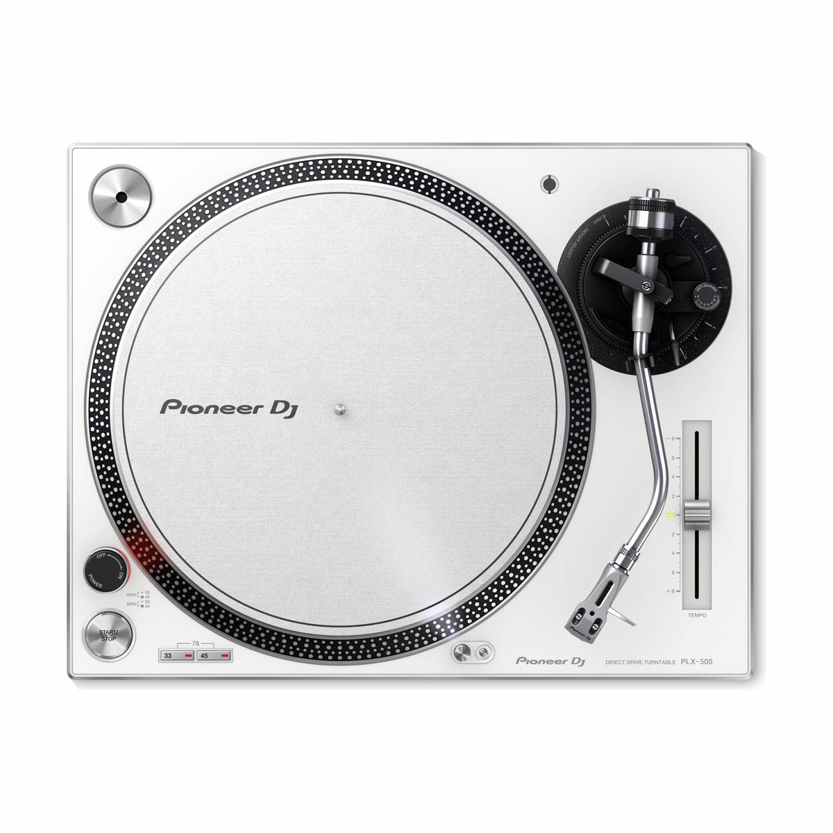 Pioneer DJ PLX-500-W turntable, white finish, top controls and tonearm