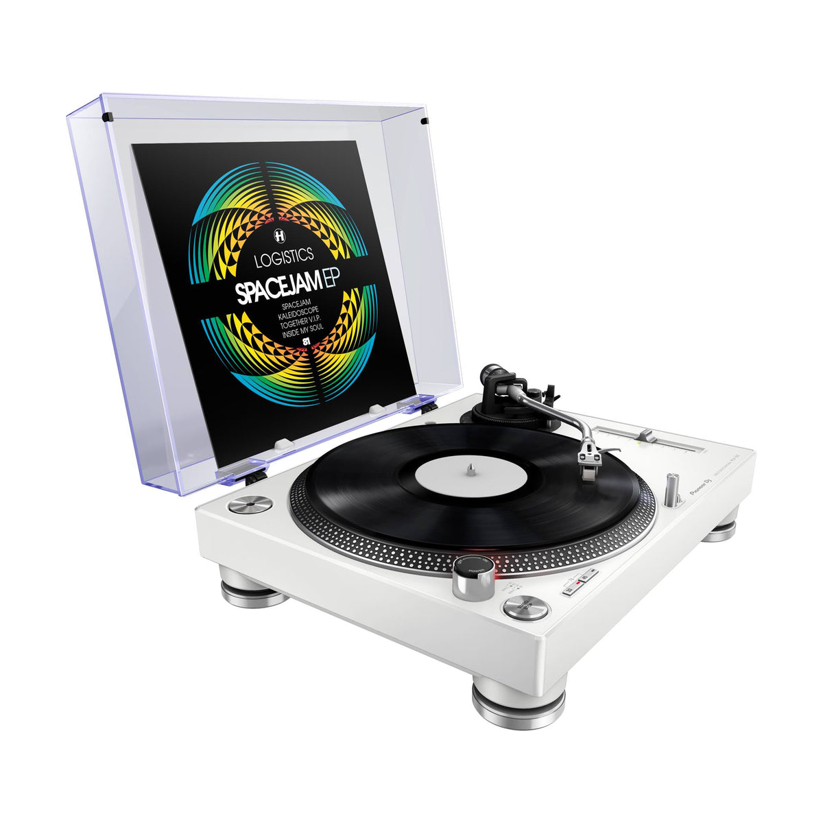 Pioneer DJ PLX-500-W turntable, white finish with raised dust cover; record and sleeve not included