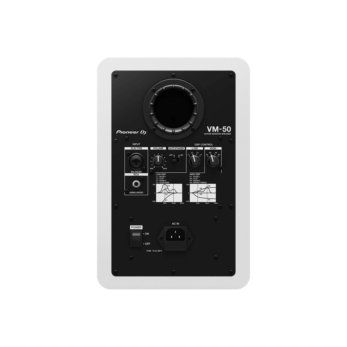 Pioneer DJ VM-50-W studijinis monitorius, balta spalva, galinis skydelis ir jungtys
