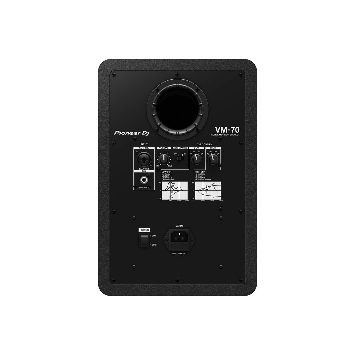 Pioneer DJ VM-70 studijinis monitorius, juoda spalva, galinis skydelis ir jungtys