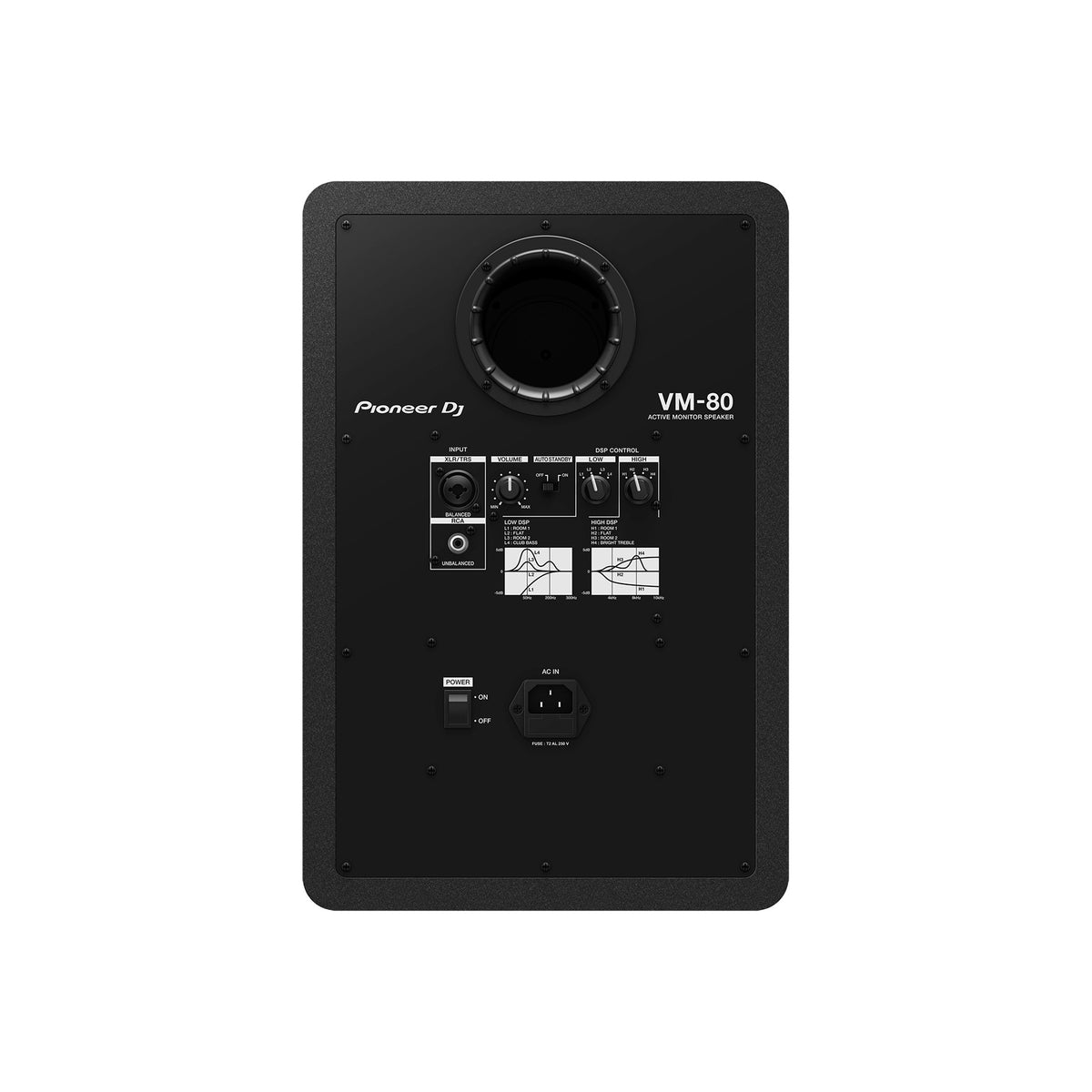 Pioneer DJ VM-80 studijinis monitorius, juoda spalva, galinis skydelis ir jungtys
