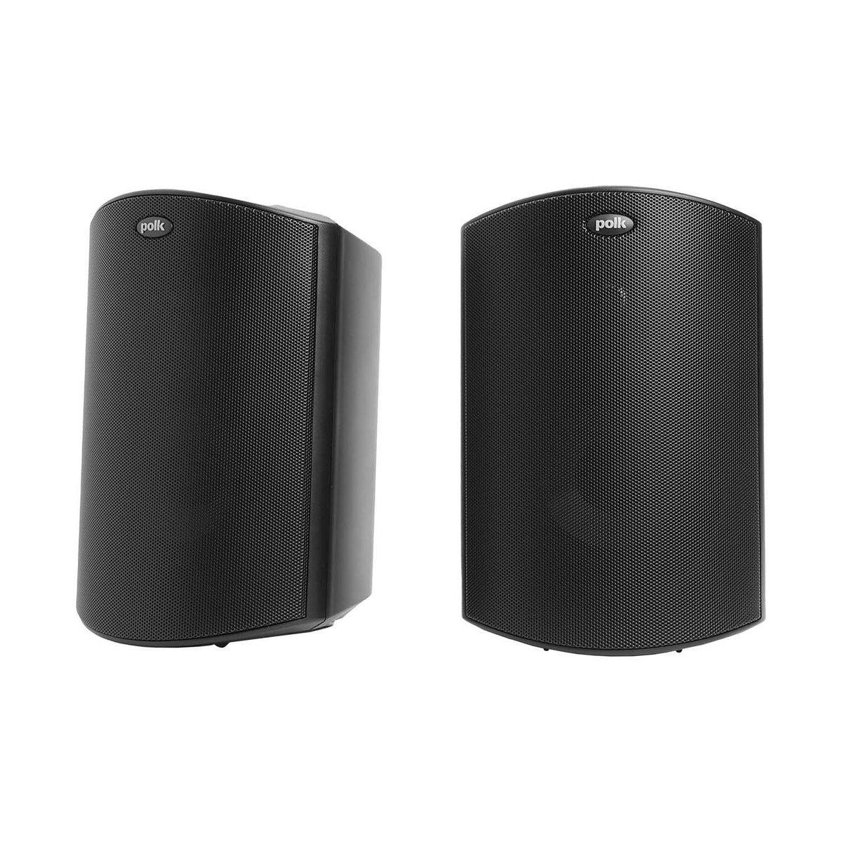 Polk Audio Atrium 4 juodos spalvos lauko garso kolonėlė, pora su grotelėmis, vaizdas kampu