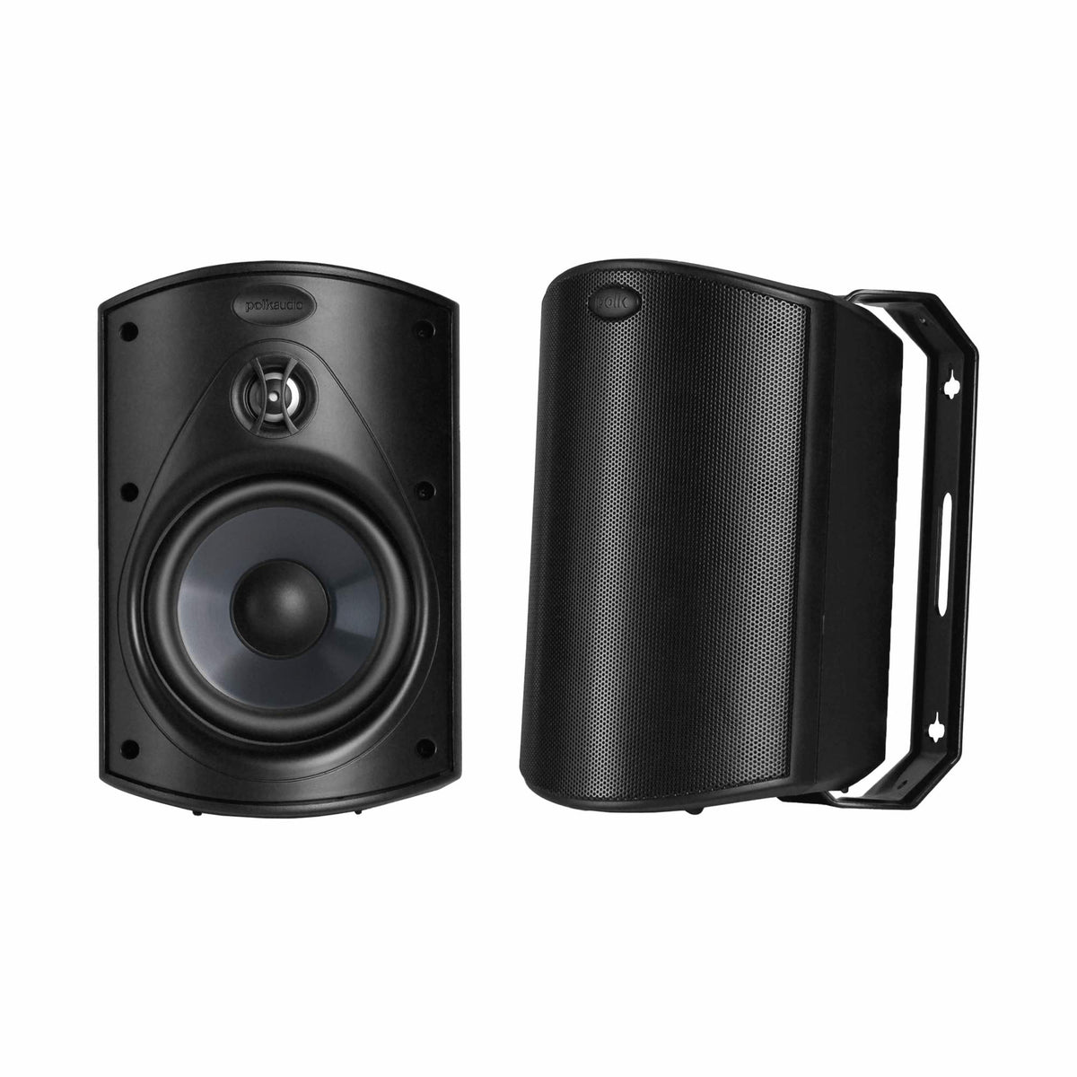 Polk Audio Atrium 4 juodos spalvos lauko garso kolonėlė, pora, viena kolonėlė su grotelėmis, kita be jų