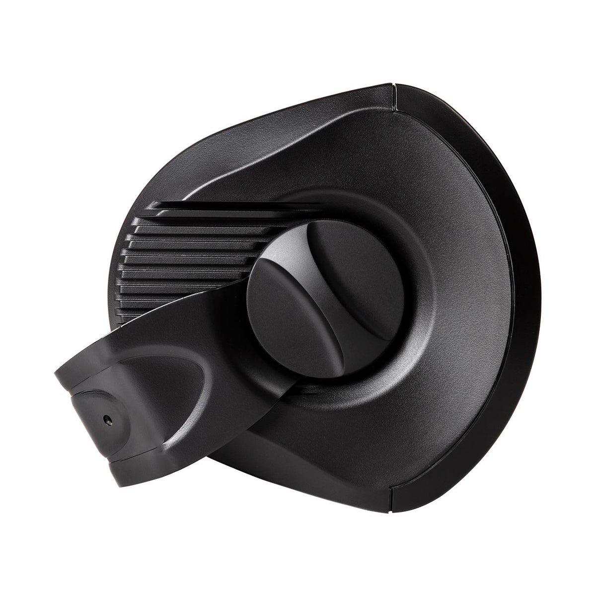 Polk Audio Atrium 6 juodos spalvos lauko garso kolonėlė, vaizdas iš šono, reguliavimo rankenėlė