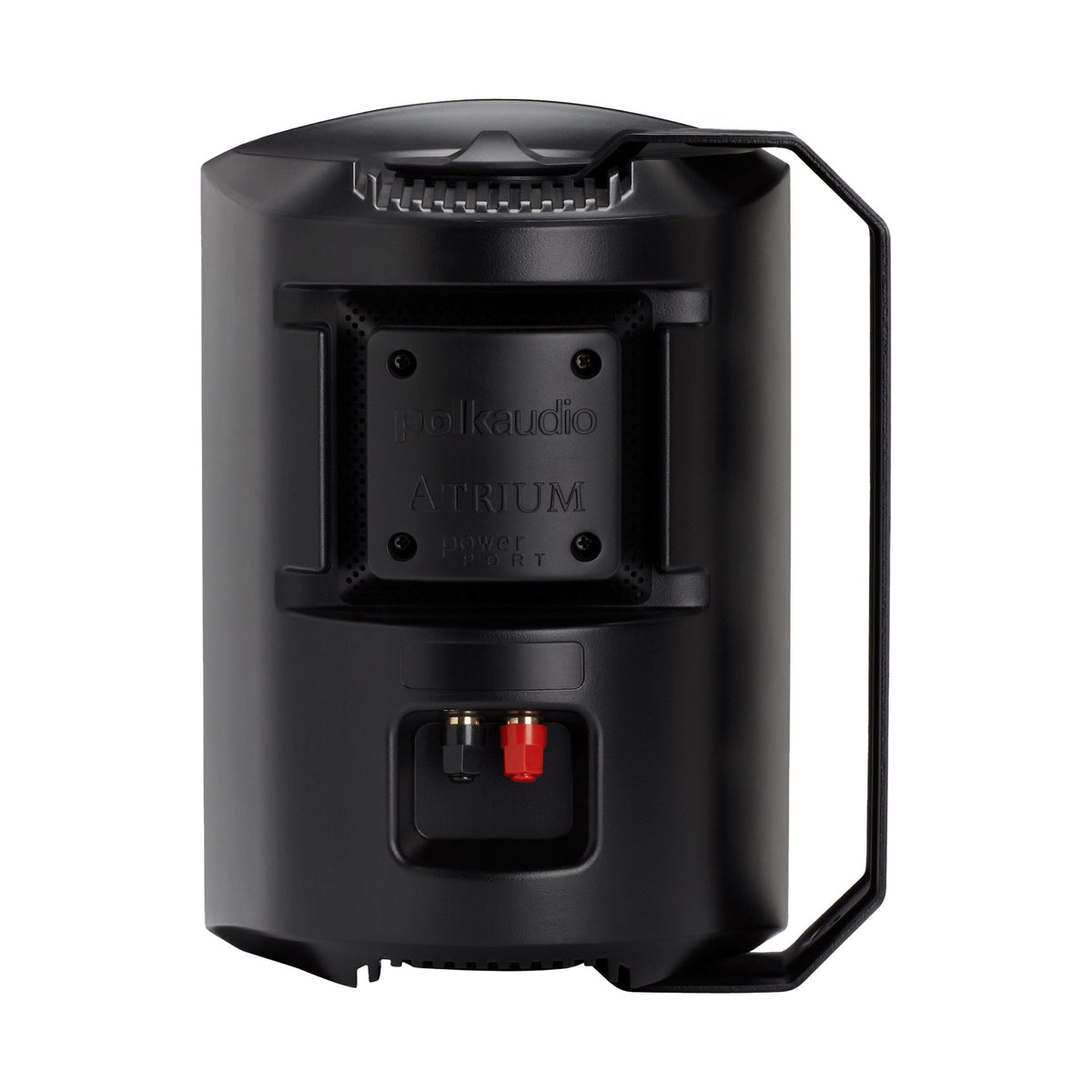 Polk Audio Atrium 6 juodos spalvos lauko garso kolonėlė, galinė pusė ir „Power Port“