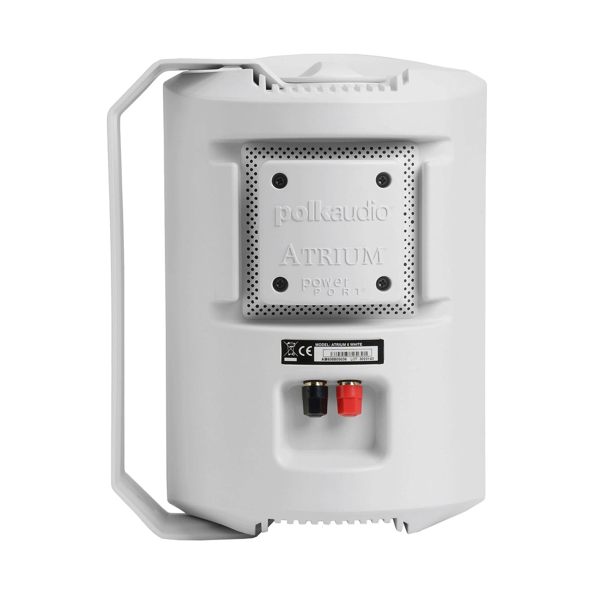 Polk Audio Atrium 6 baltos spalvos lauko garso kolonėlė, galinė pusė ir „Power Port“
