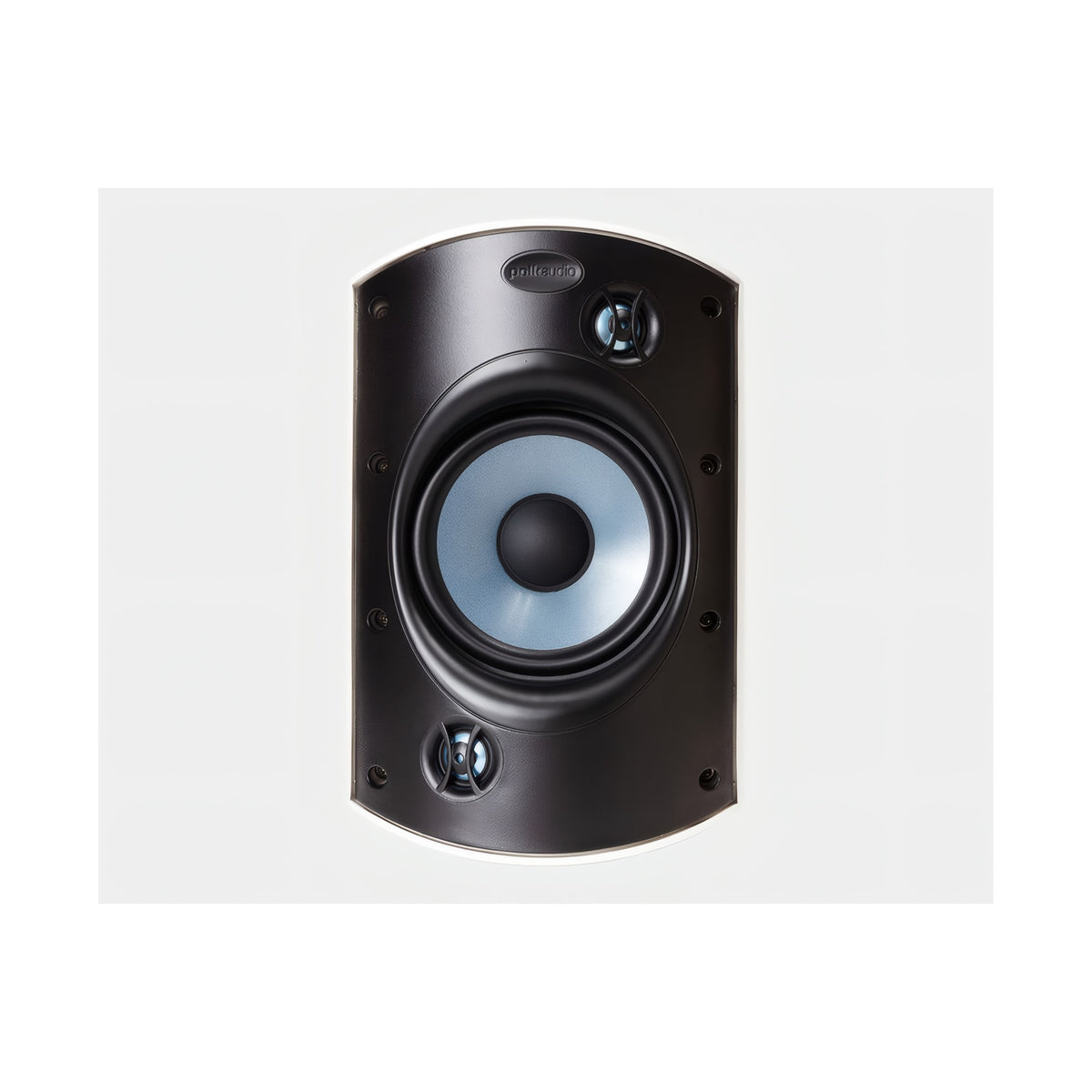 Polk Audio Atrium 8 SDI juodos spalvos lauko garso kolonėlė, priekis be grotelių, matomi trys garsiakalbiai