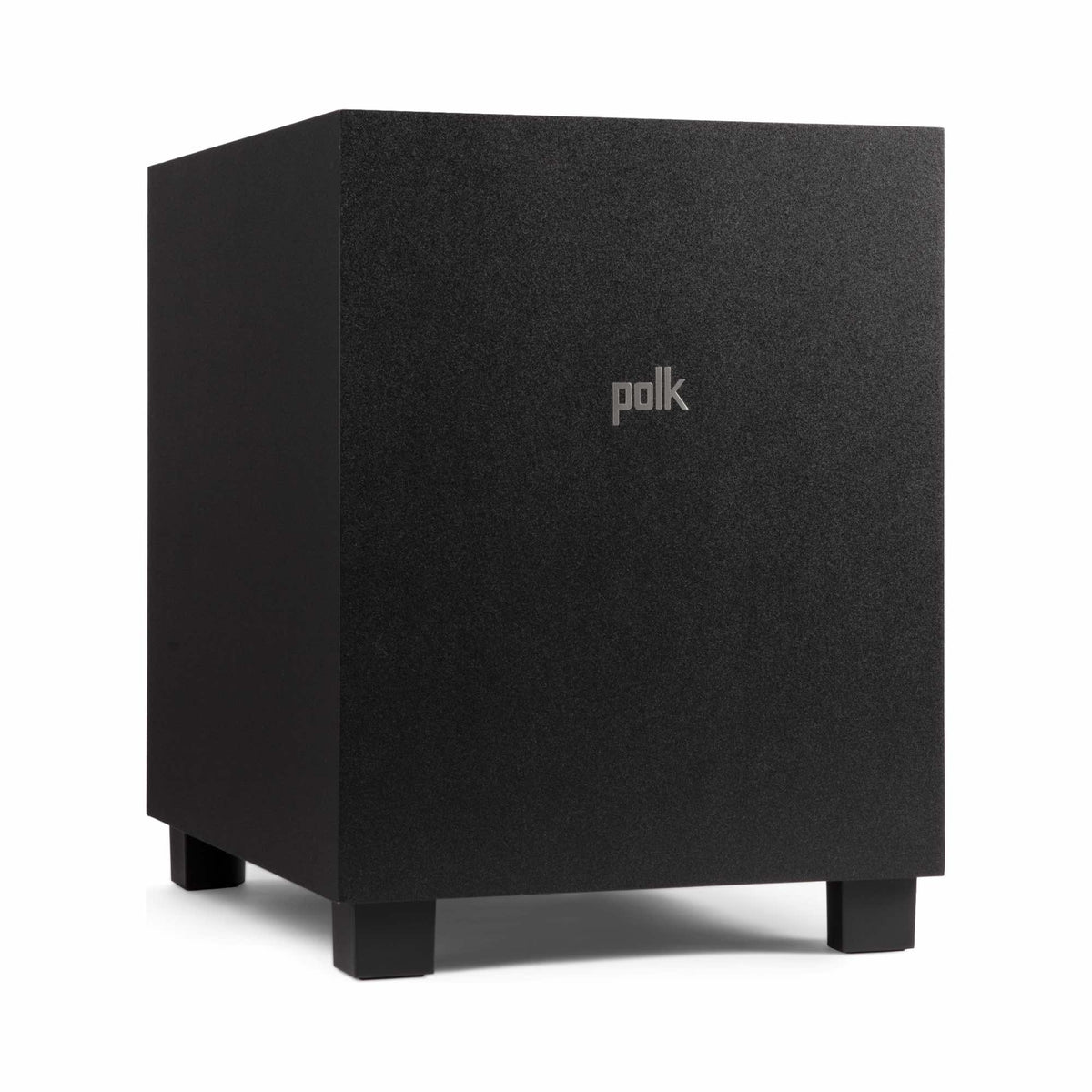 Polk Audio Monitor XT10 aktyvi žemų dažnių kolonėlė, vaizdas iš priekio kampu, su apsauginėmis grotelėmis