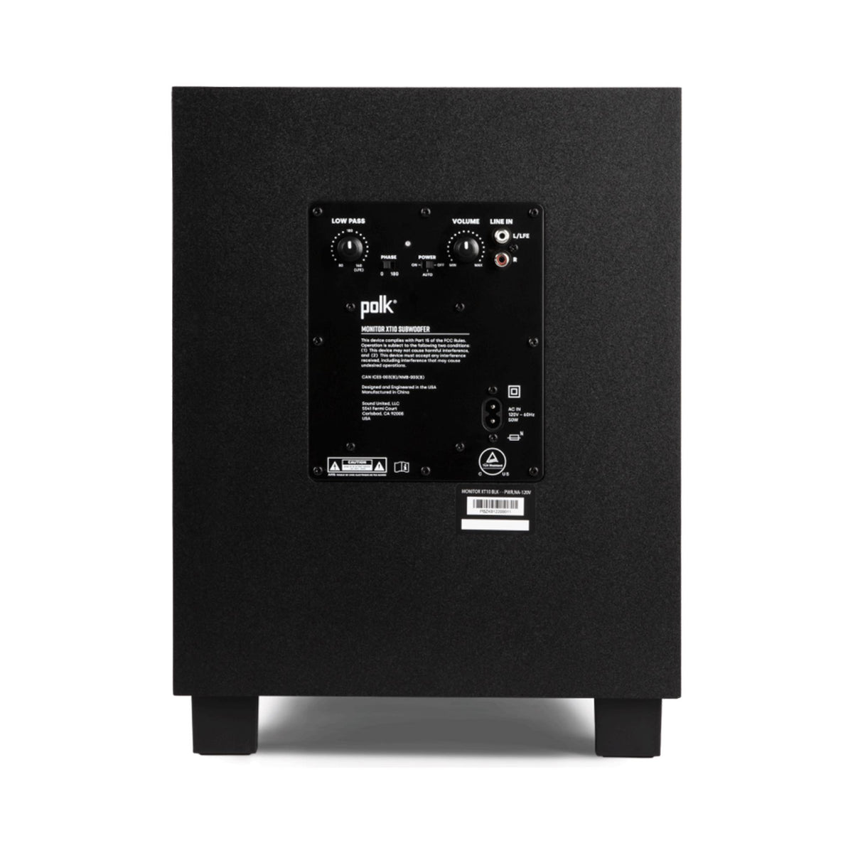 Polk Audio Monitor XT10 aktyvi žemų dažnių kolonėlė, vaizdas iš galo su jungtimis