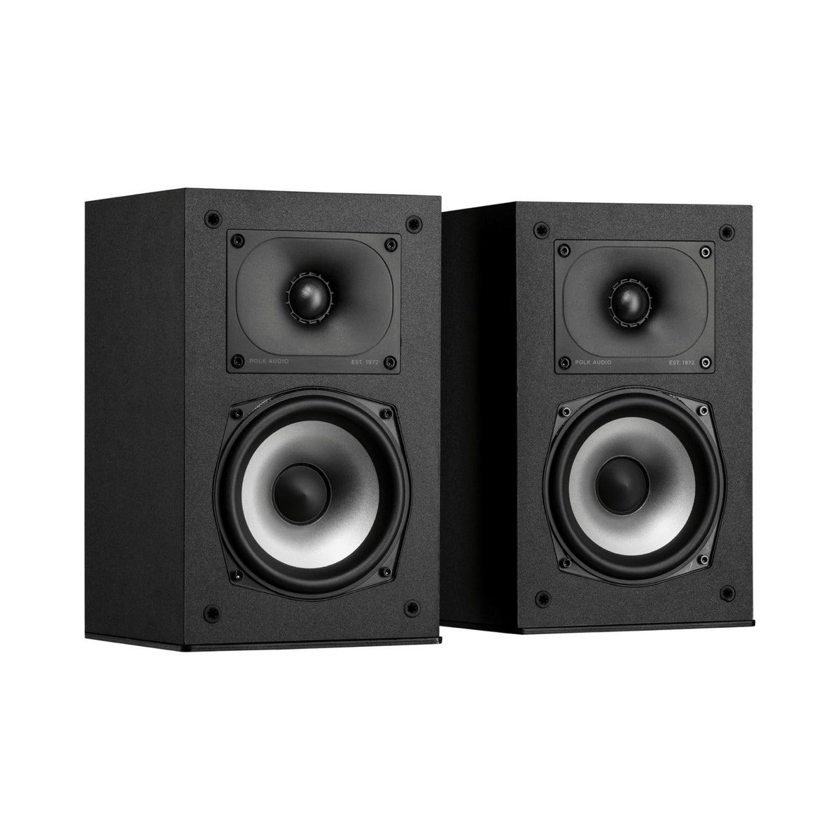 Polk Audio Monitor XT15 kolonėlių pora, vaizdas iš priekio kampu, be apsauginių grotelių