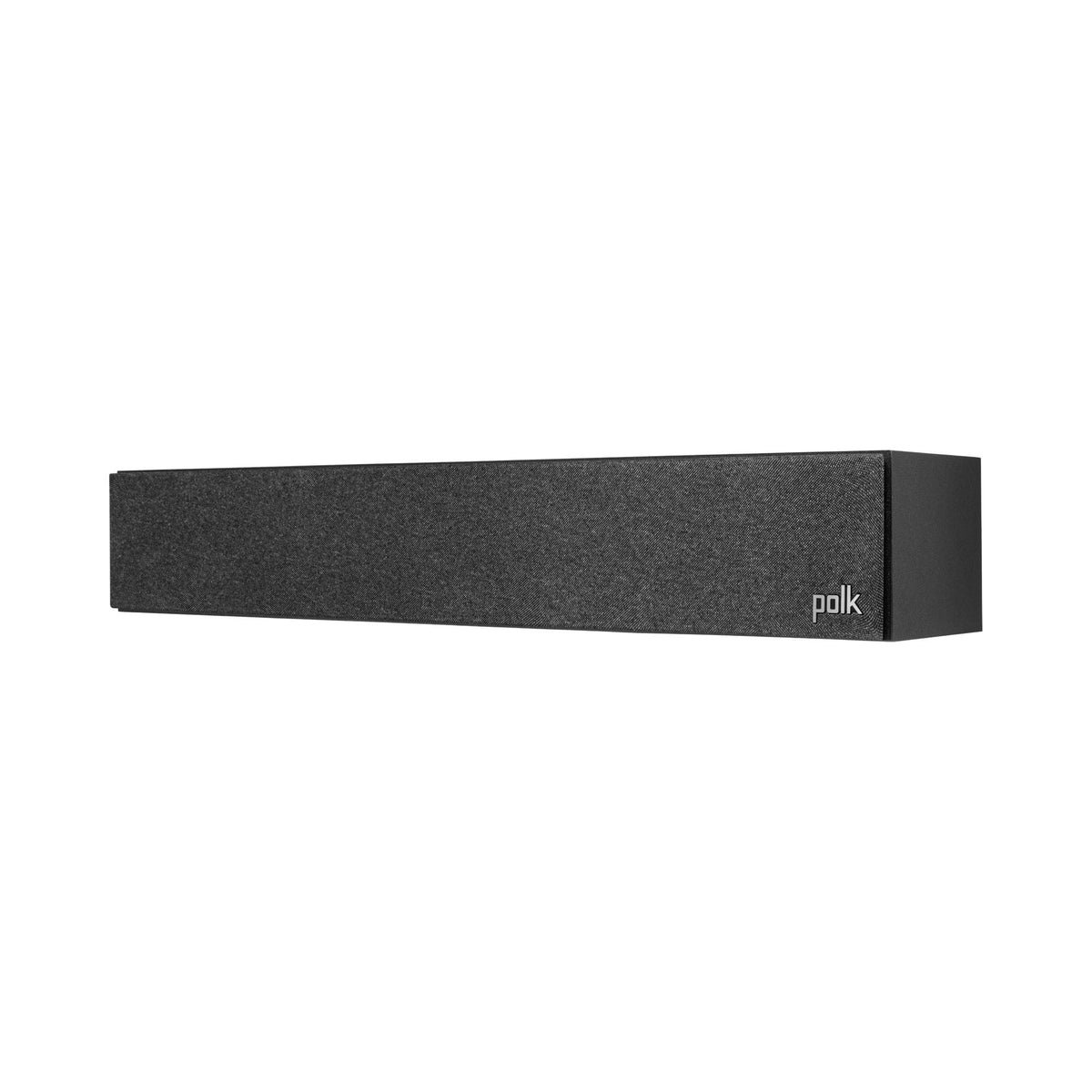 Polk Audio Monitor XT35 centrinė kolonėlė, vaizdas iš priekio kampu, su apsauginėmis grotelėmis