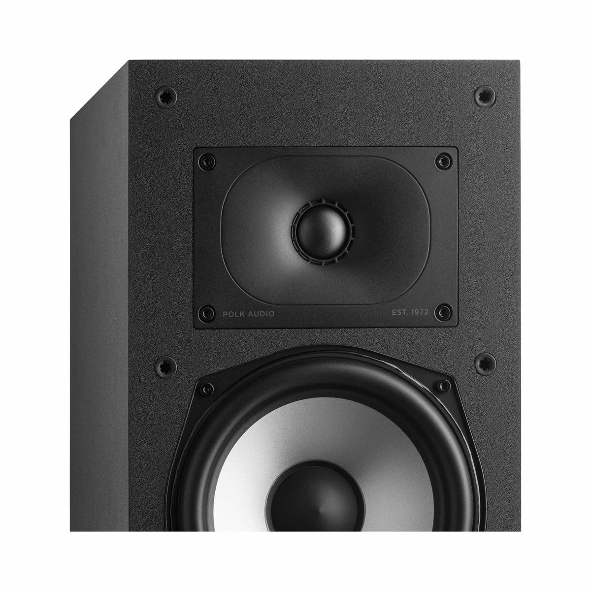 Polk Audio Monitor XT60 grindinė kolonėlė, garsiakalbių stambus planas, be apsauginių grotelių