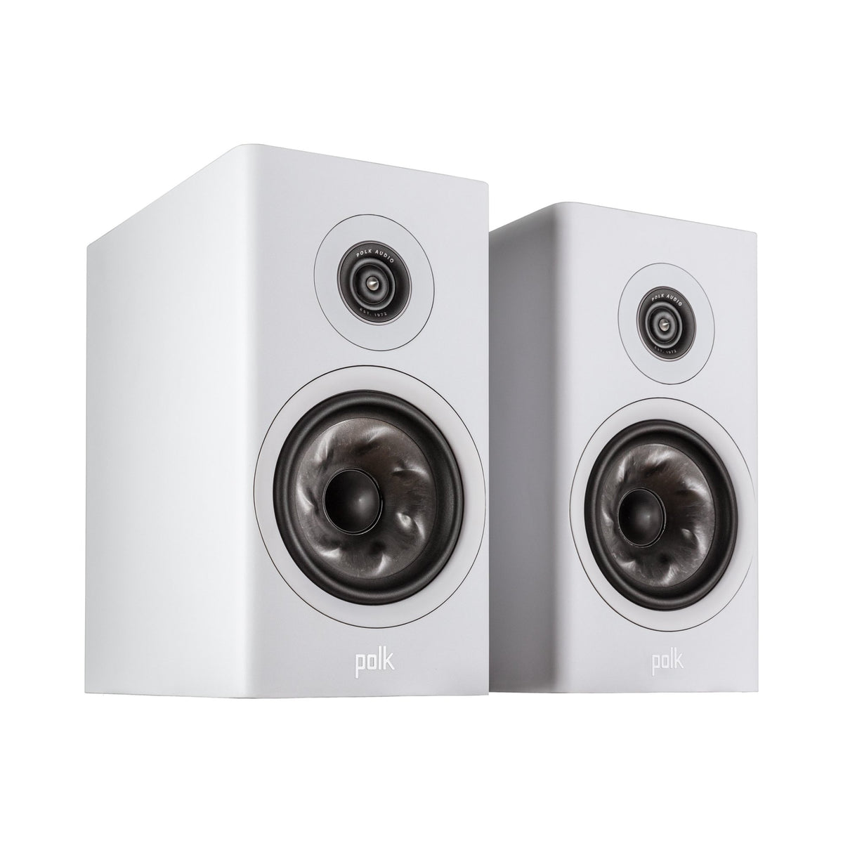Polk Audio Reserve R200 white bookshelf speaker, pair at an angle without grilles