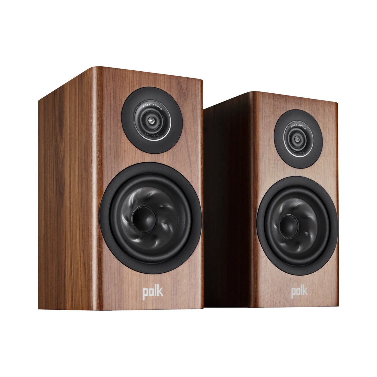 Polk Audio Reserve R200 walnut bookshelf speaker, pair at an angle without grilles