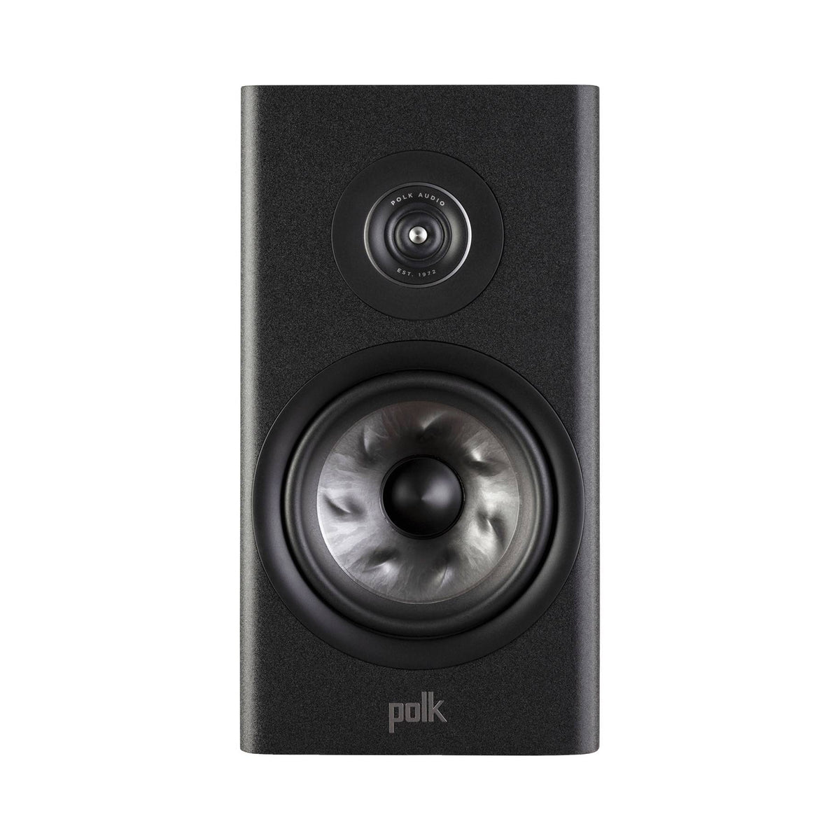 Polk Audio Reserve R200 black bookshelf speaker, front view without grilles