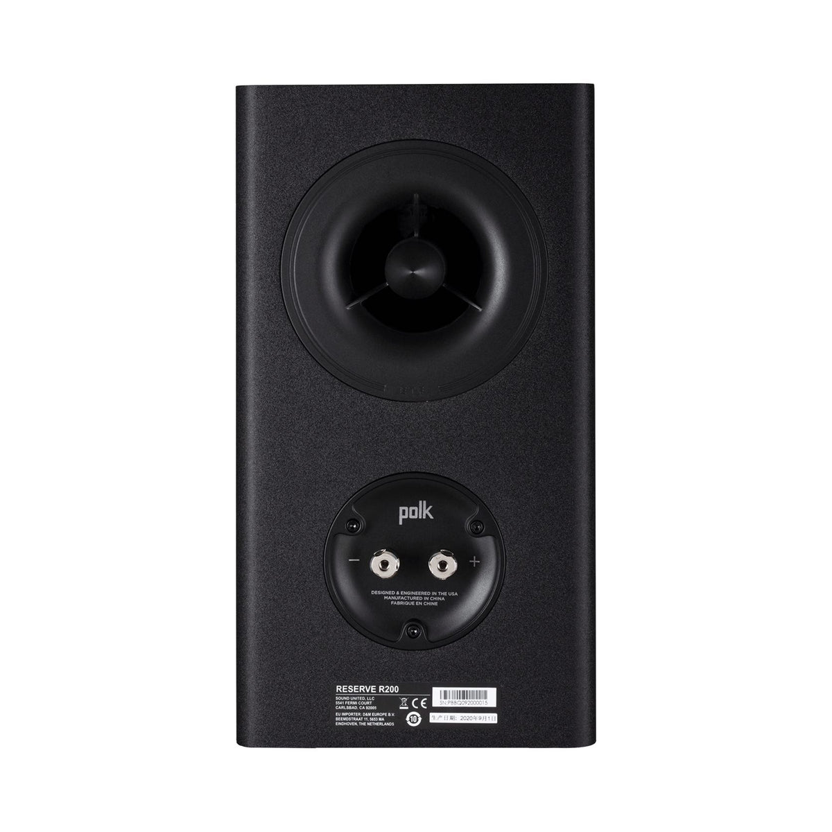 Polk Audio Reserve R200 black bookshelf speaker, rear view