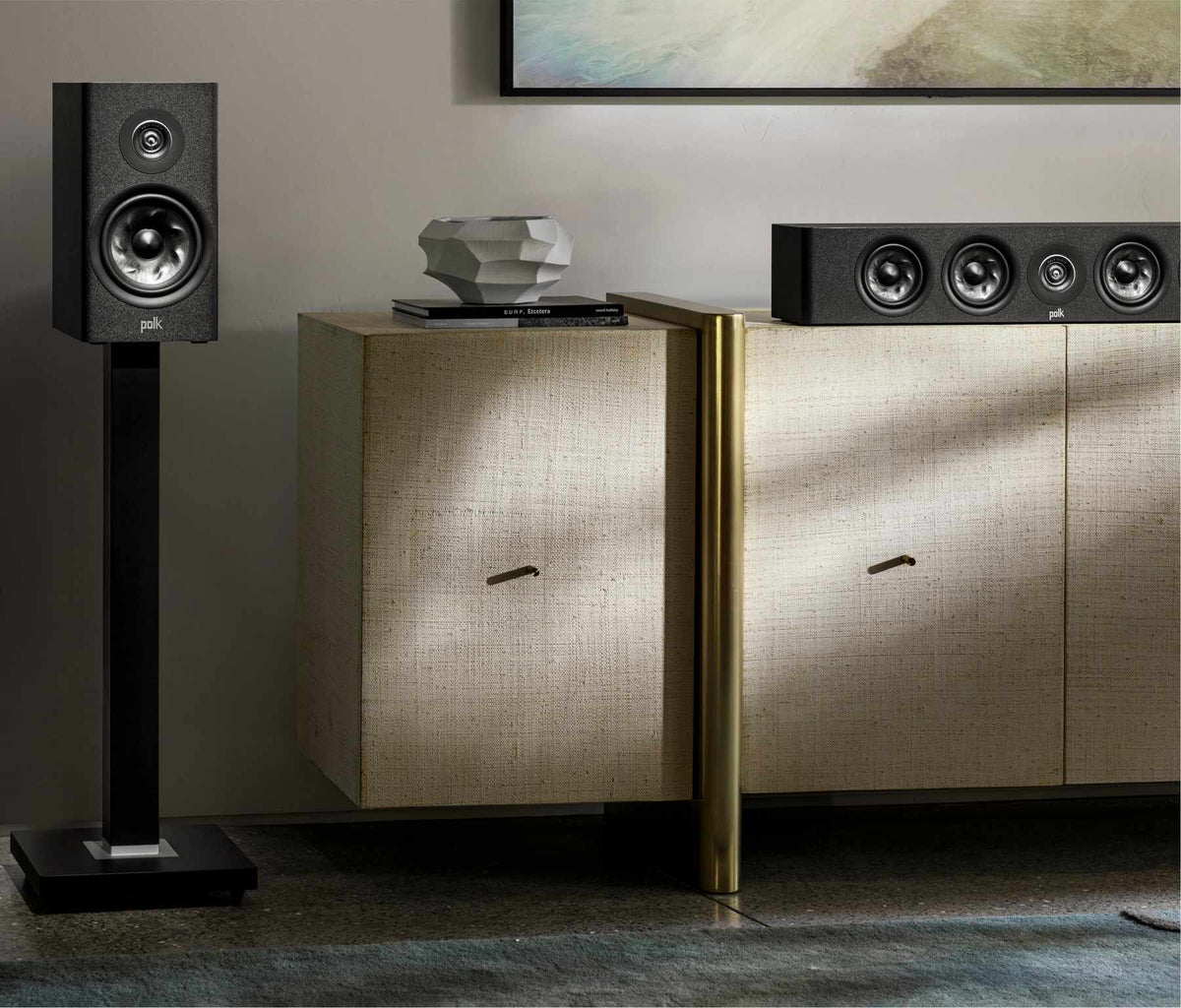 Polk Audio Reserve R200 black bookshelf speaker, another room view