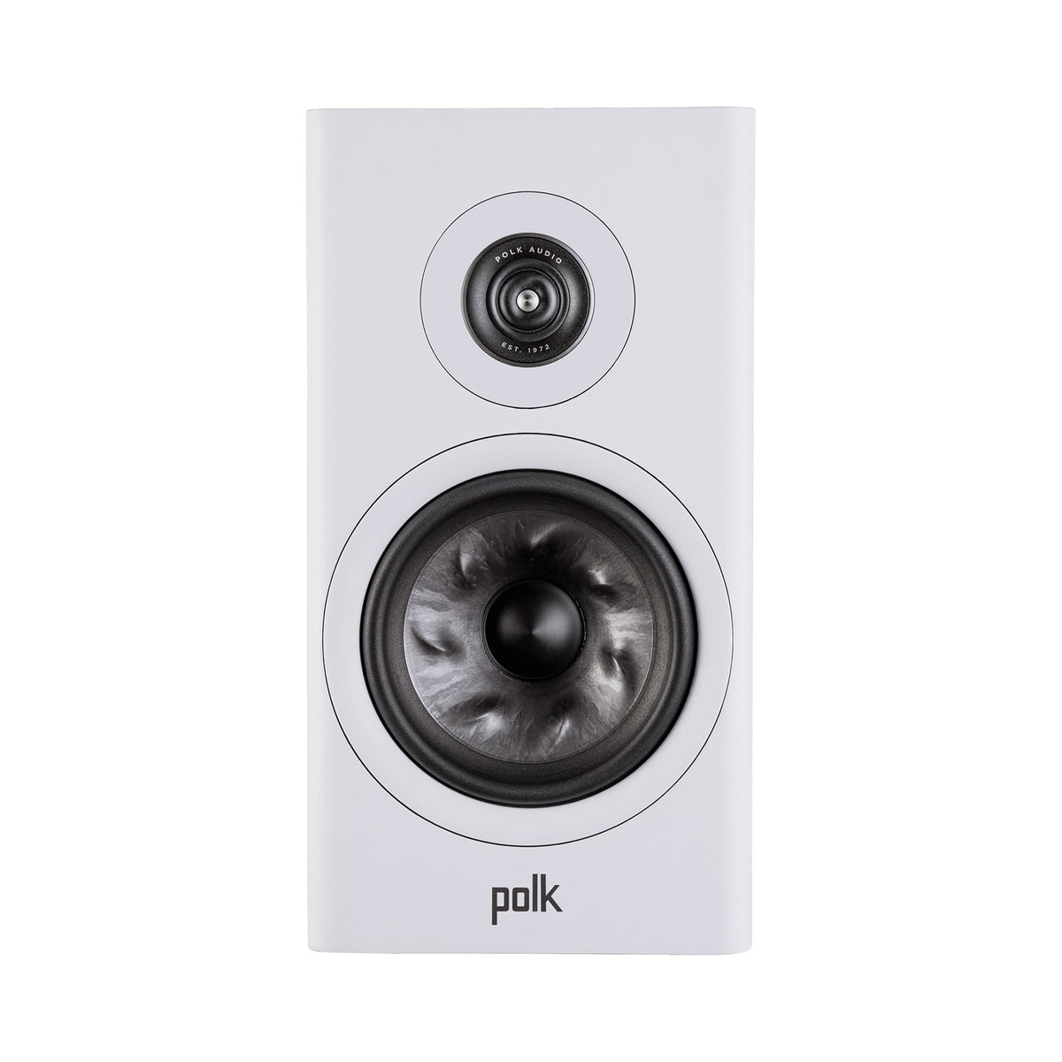 Polk Audio Reserve R200 white bookshelf speaker, front view without grilles