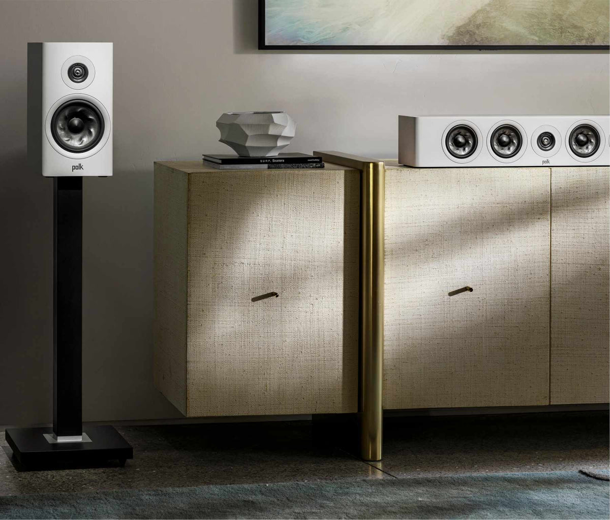 Polk Audio Reserve R200 white bookshelf speaker, another room view